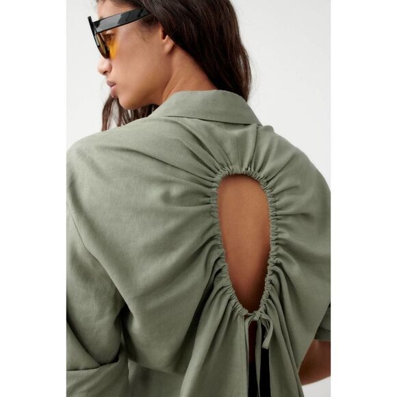 Zara EUC Linen Opeb Back Button Down Shirt Size M Khaki Green - Picture 6 of 12